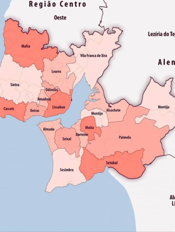 Mapa dos 18 concelhos da Área Metropolitana de Lisboa, incluindo a Margem Sul